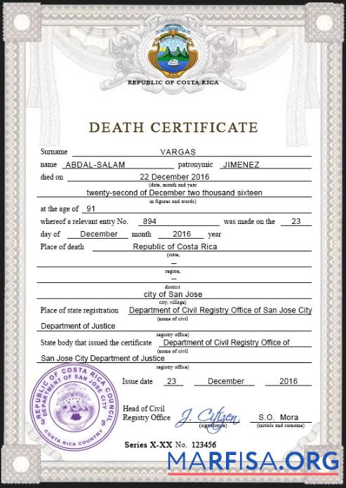 Realistic Costa Rica death certificate PSD template
